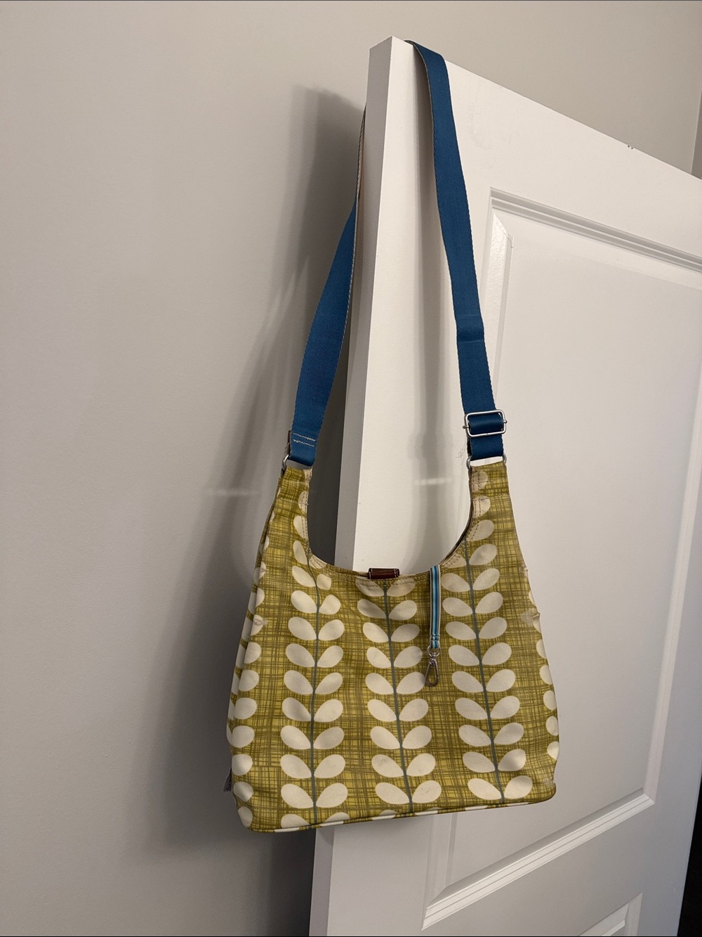 Orla Kiely Green Leaf-Print Shoulder Bag with Blue Strap